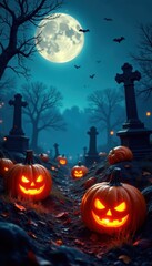 Glowing pumpkins illuminate tombstones, bats swirl overhead , haunted, fog