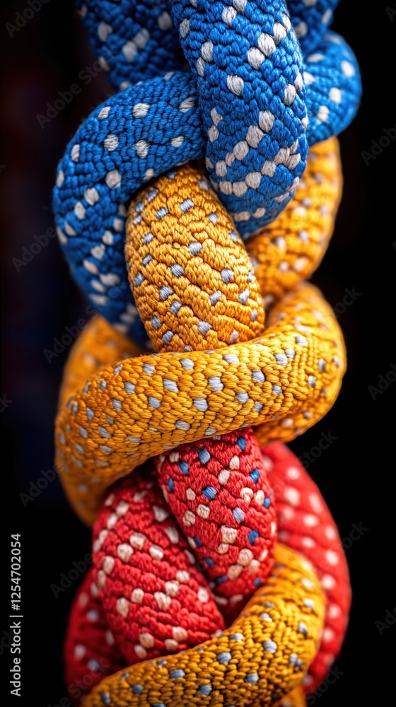 Poster colorful knotted rope detail showing texture and pattern against a dark background