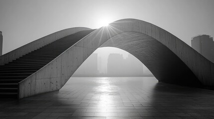 Obraz premium Modern architectural structure with sweeping curves and stairs, silhouetted against a hazy skyline