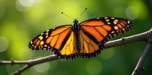 Fototapeta premium Intricate detail of Monarch butterflies clustered on a twig in Spain, insect, fauna