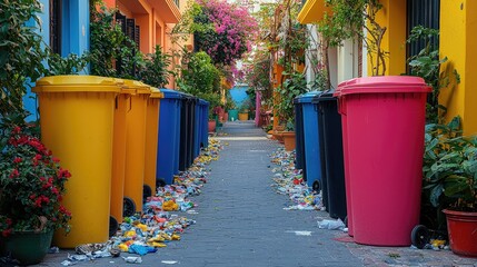 Colorful alleyway lined with trash bins amidst vibrant flowers and littered pathway