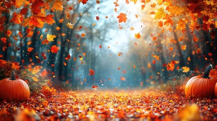Autumn scene with falling leaves and pumpkins lining a forest path, capturing seasonal beauty