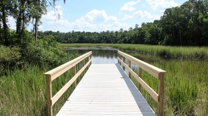 Obraz premium Wooden boardwalk leading to a calm lake surrounded by lush green marshland under a blue sky.