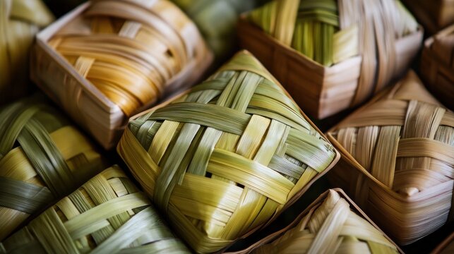 Naklejki Woven palm leaf containers, close-up, food packaging, market background