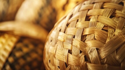 Obraz premium Woven rattan balls close-up; craft background