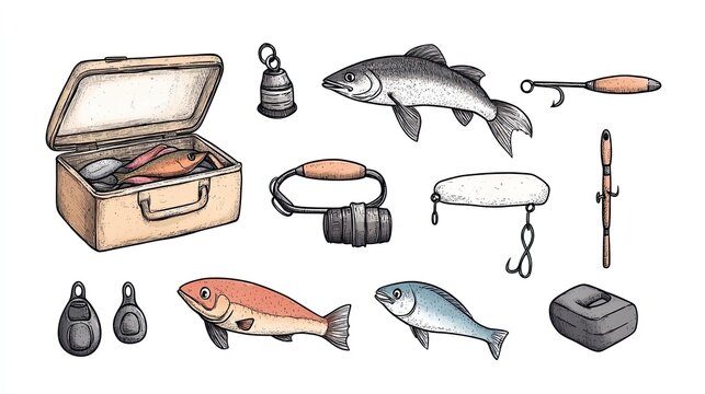 Fishing gear including a tackle box, lures, and various fish illustrated in a detailed style