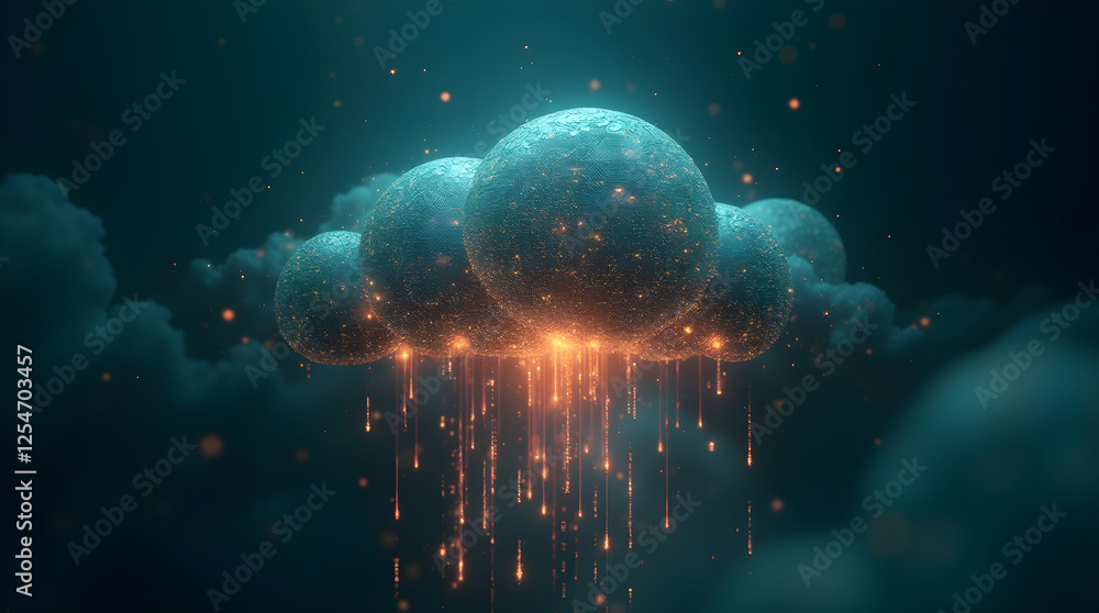 Aufkleber abstract cloud computing concept: digital data flowing from spherical clouds, futuristic tech, ai-ge