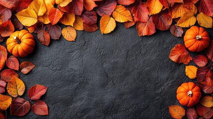 Vibrant autumn leaves and pumpkins arranged on a dark stone background, evoking seasonal warmth
