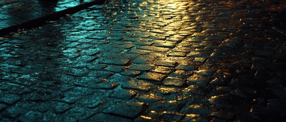 Wet cobblestone path glimmers under evening light, capturing the interplay of reflections and textures in a historic urban setting.