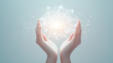 Fototapeta premium Hands holding glowing network sphere.