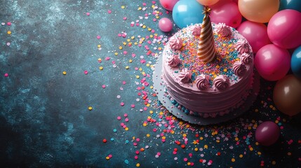 Colorful birthday cake with sprinkles and balloons, set against a textured blue background