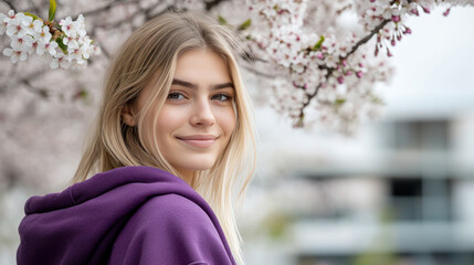 Blond woman in purple Athleisure enjoy outside activity at cherry blossom park