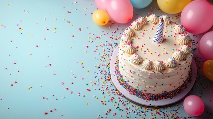 Colorful birthday cake with a single candle surrounded by balloons and confetti on a blue background