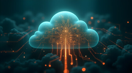Abstract Futuristic Digital Cloud Computing Concept Circuit Board Light Beams