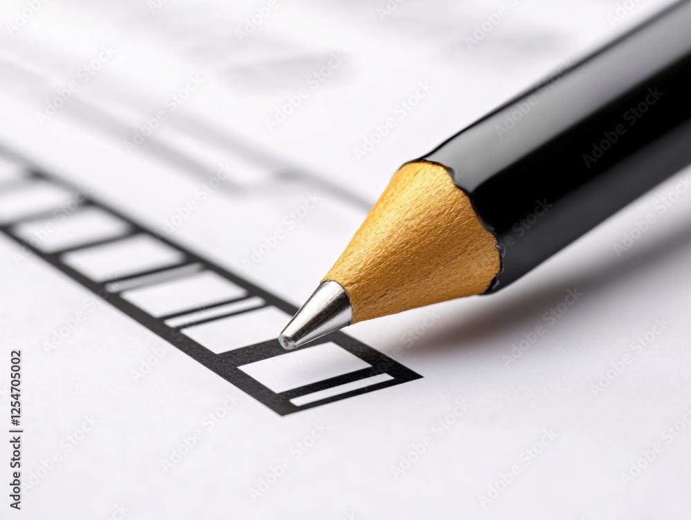 Poster close up of black pencil tip on white paper with boxes for marking choices in survey form