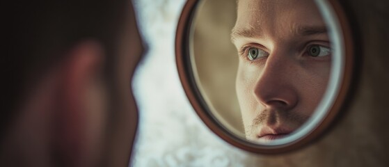 A close-up of a man's reflection in a round mirror, creating a sense of introspection and self-awareness.