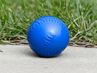 Blue Rubber Baseball Toy on Grass Background Photo