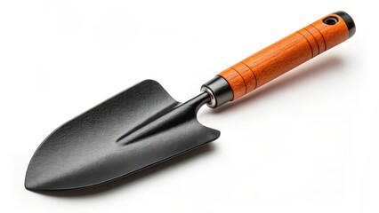 Fototapeta premium Black Hand Trowel with Orange Wooden Handle High-Angle Studio Shot, Gardening Tool, isolated white background, trowel, gardening ,hand trowel, garden tool