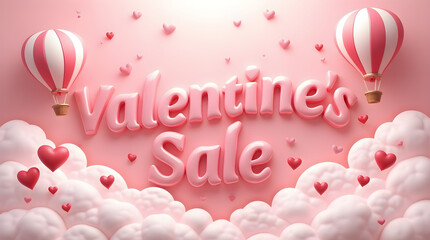 Pink Valentine's Day Sale Banner 3D Text Hearts Hot Air Balloons Pastel Clouds Festive Promotion Shopping Discount Offer Illustration Background Design