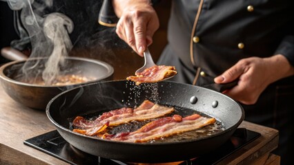 Chef's Hand Placing Crispy Bacon in Pan Culinary Composition