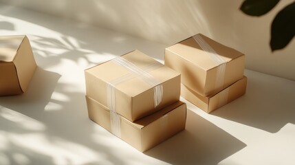 Fototapeta premium Cardboard boxes sunlight interior packaging