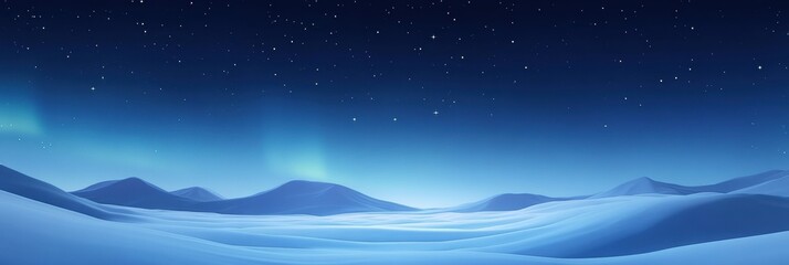 Snowy landscape under a starry night sky with auroras illuminating the horizon in a serene winter setting. Generative AI