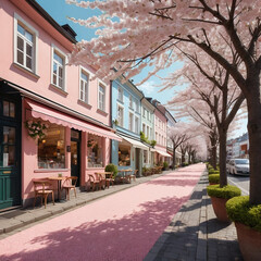 Fototapeta premium Street cafe. Trendy spring landscape. Quiet city street with blooming pink trees.