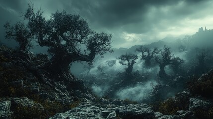 Dark, eerie landscape featuring twisted trees amidst fog and rocky terrain under a stormy sky