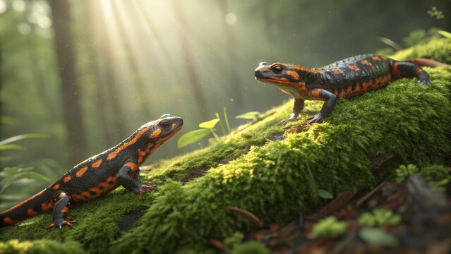 Forest Sunbeams Two Fire Salamanders on Mossy Log