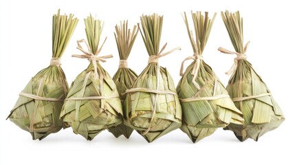 Naklejka premium Five rice dumplings tied with straw, white background, food packaging