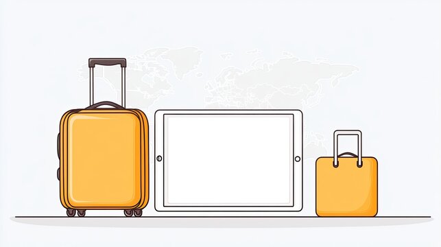Yellow luggage and tablet on a minimalist background with a world map and travel theme