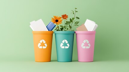 Colorful recycling bins filled with paper and plants against a pastel green background