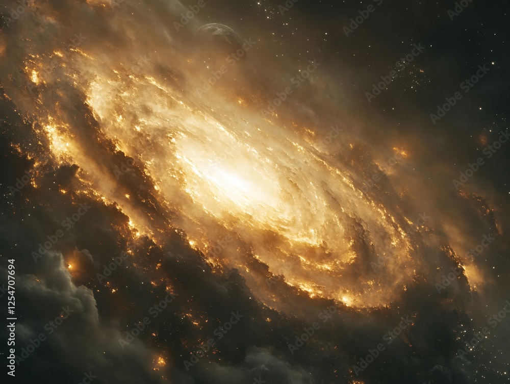 Poster golden galaxy with bright center and dark clouds in deep space with a moon in the background