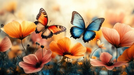 Vibrant butterflies fluttering among colorful flowers in a serene garden setting at sunset