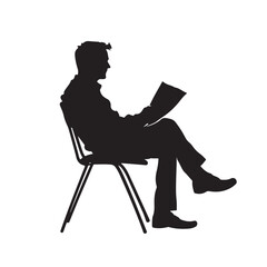 Silhouette of a Man Sitting on a Chair Reading a Newspaper with Relaxed Leg Gesture - Vector Illustration