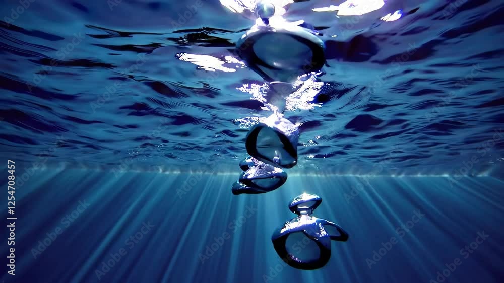 Poster bubbles rising underwater with sun rays filtering through, tranquil ocean scene. nature and serenity