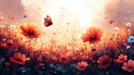 Vibrant field of flowers with butterflies fluttering under a warm sunset sky, evoking tranquility