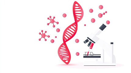 Scientific illustration of a microscope analyzing DNA strands and viruses in a lab setting
