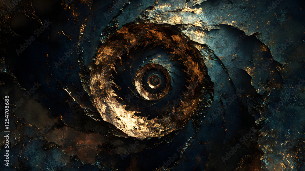Poster dark rusty metal object with a hypnotic spiral design and intricate patterns on a textured surface