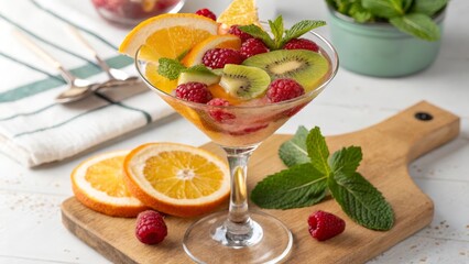 Refreshing Fruit Salad in Martini Glass Orange, Kiwi, Raspberry, Mint
