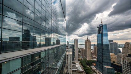 Fototapeta premium Reflective Skyscraper Urban Landscape Composition, Dramatic Cloudscape, NYC Architecture, cityscape skyscrapers architecture reflection newyorkcity