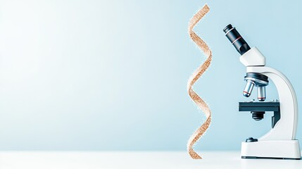 Laboratory microscope examining a spiraled sample against a light blue background