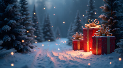 Snowy Pine Tree Forest Christmas Gifts - Red Presents with Gold Ribbons in Winter Wonderland - Magical Festive Holiday