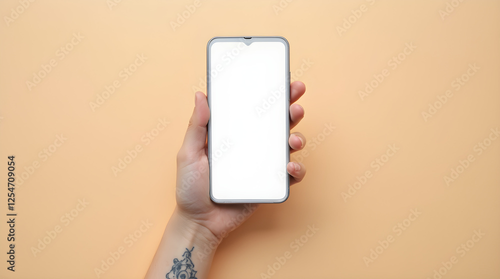 Poster hand holding smartphone mockup on beige background | mobile phone display template | minimalist tech