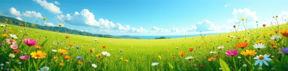 Lush green field explodes with colorful wildflowers; cloudless azure sky above , serenity, pastoral