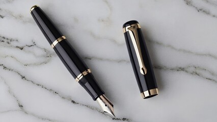 Fototapeta premium Black fountain pen and cap on marble surface
