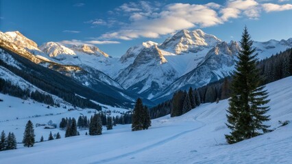 Fototapeta premium Sunrise in the Snowy Alps Valley, Coniferous Trees, Majestic Peaks