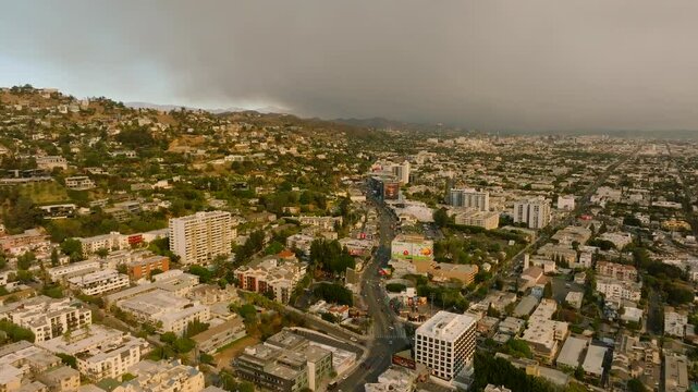 4K aerial of the LA fires in January 2025 from West Hollywood, Los Angeles, California, USA.