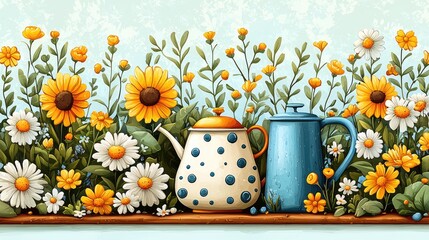 Colorful floral arrangement with teapots amidst vibrant sunflowers and daisies in a serene setting