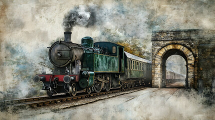 Naklejka premium Historic steam locomotive passing through an archway on a foggy morning in a rural setting